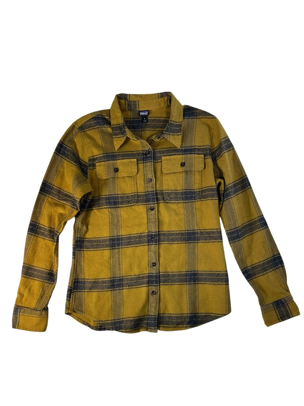 Patagonia Fjord Flannel Shirt Mustard Gold Navy Plaid Organic Cotton Button Up S